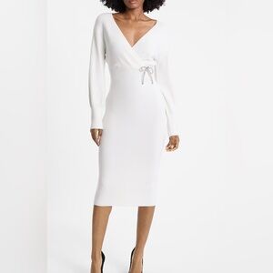 Rhinestone Bow Surplice Midi Sweater Dress